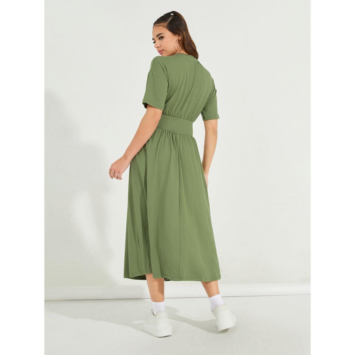 Styli Solid Gathered Detail A-Line Midi Dress-women-clothing-dresses-image-6