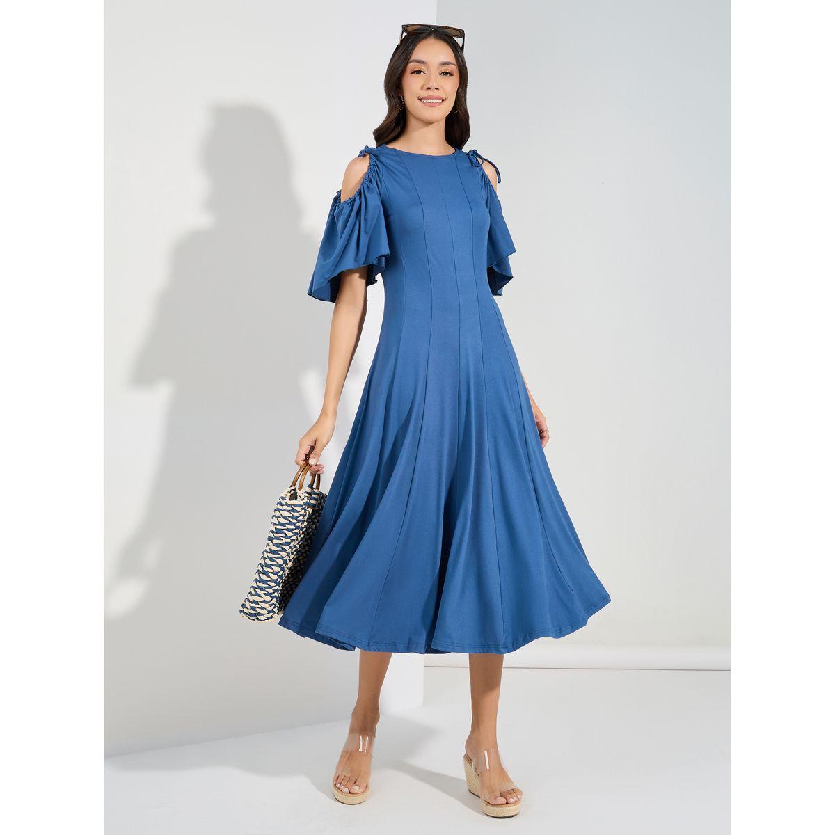 Styli Cold Shoulder Sleeves Flared Midi Dress-women-clothing-dresses-image-1