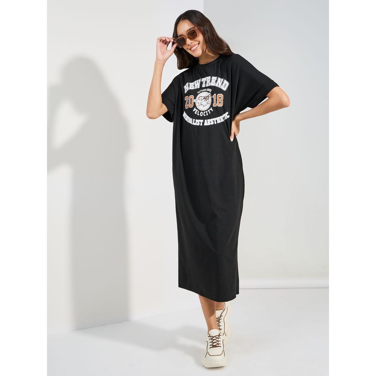 Styli Varsity Print T-Shirt Midi Dress with Turn-Up Sleeves-women-clothing-dresses-image-2