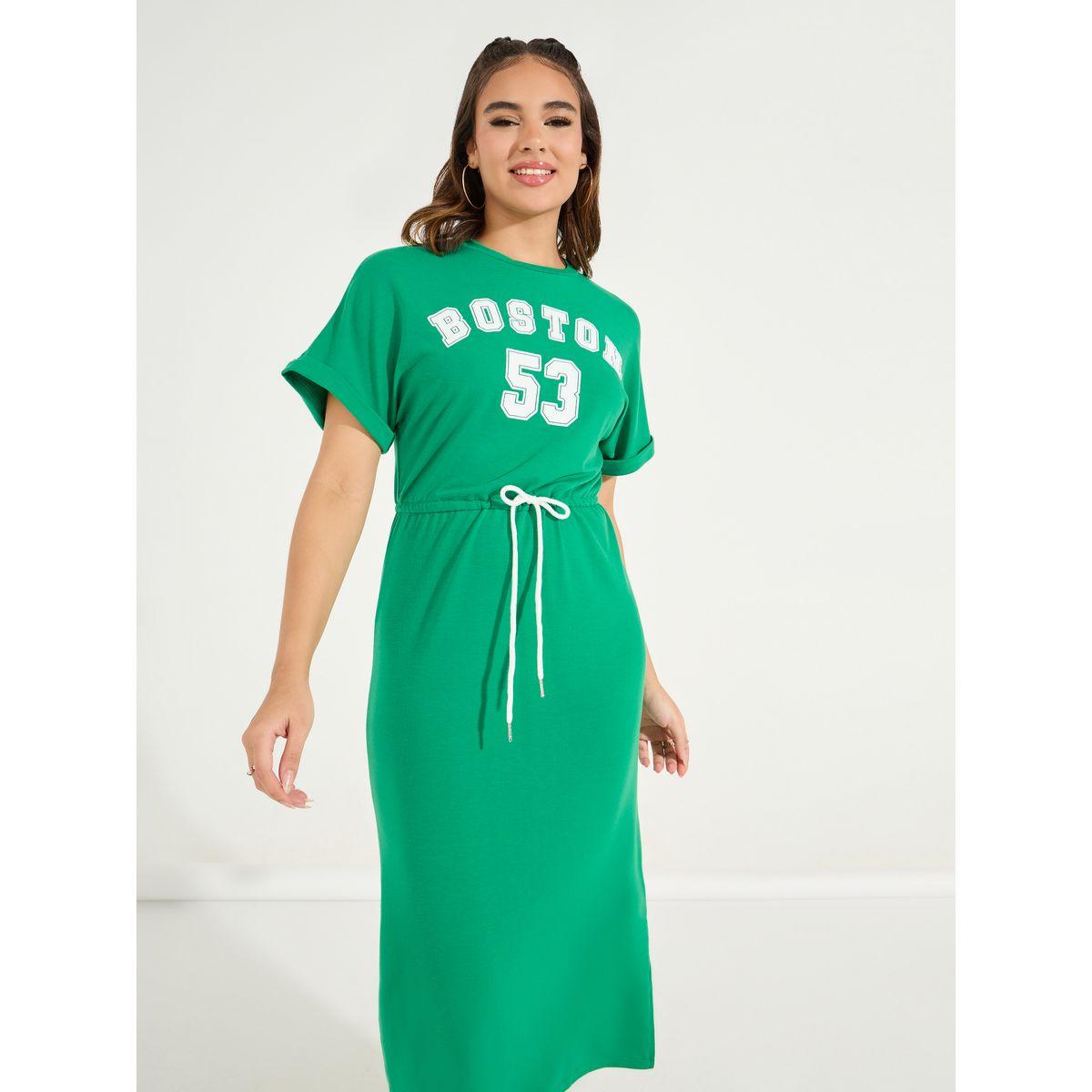 Styli Varsity Print T-Shirt Midi Dress with Side Slit-women-clothing-dresses-image-2