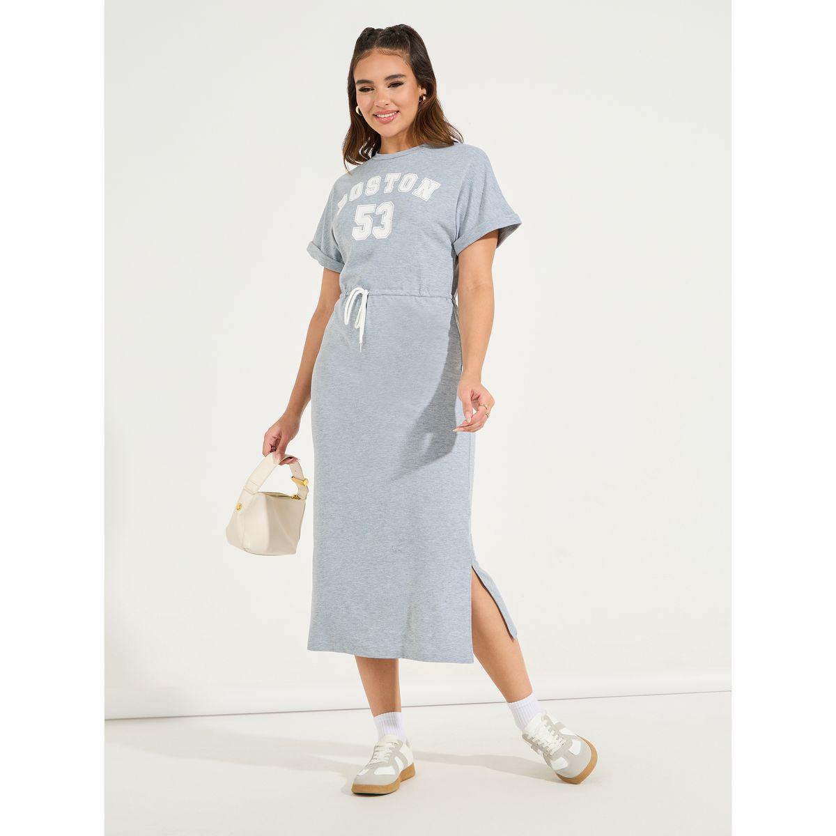 Styli Varsity Print T-Shirt Midi Dress with Side Slit-women-clothing-dresses-image-4