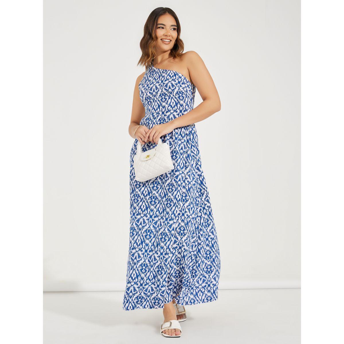 Styli Ikat Print One Shoulder Sleeve A-Line Maxi Dress-women-clothing-dresses-image-1