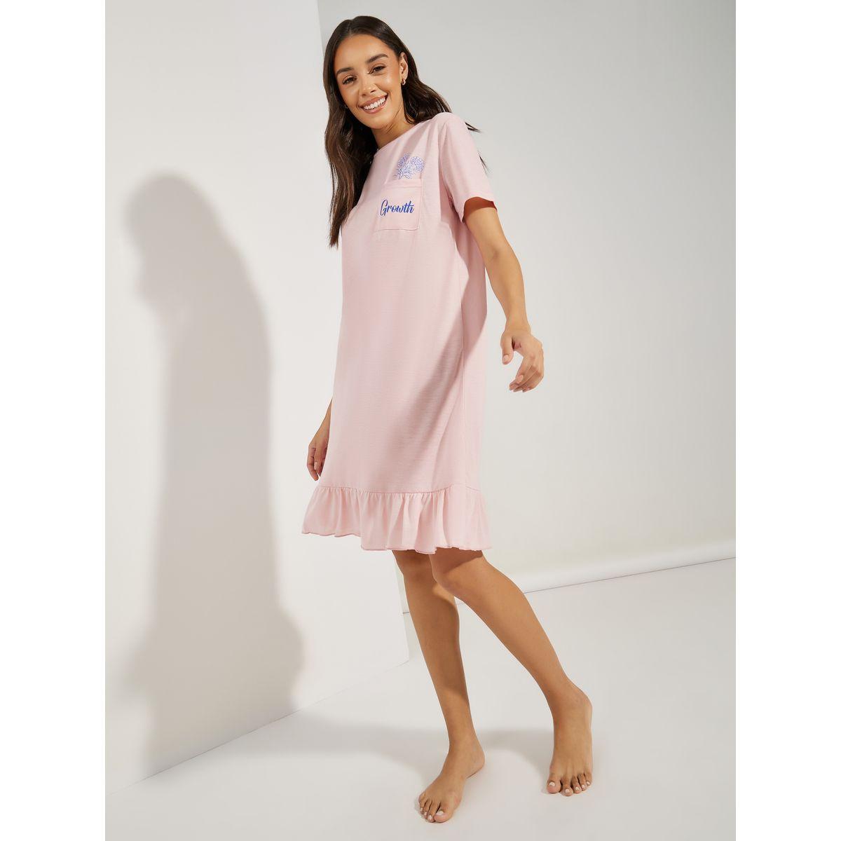 Styli Unwind Slogan & Floral Print Pocket Ruffle Hem Sleep T-Shirt Dress-women-clothing-nightwear-nighties-image-2