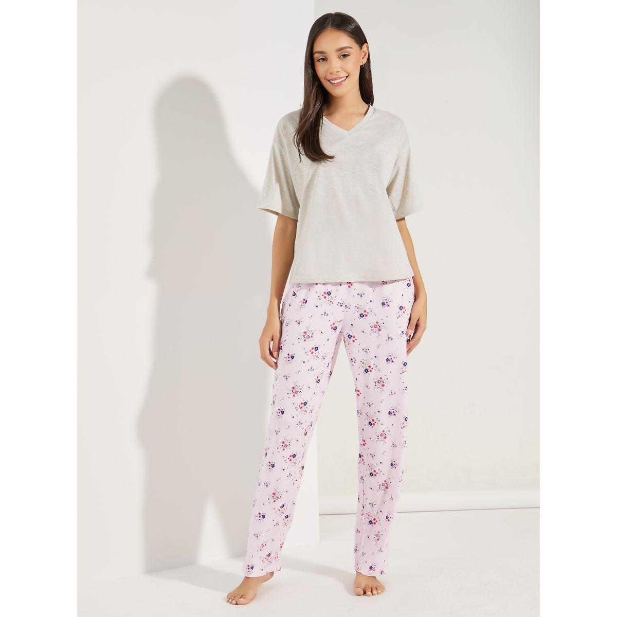 طقم من بنطال بيجاما مع تيشيرت سادة-women-clothing-nightwear-pyjamas-longsets-image-1