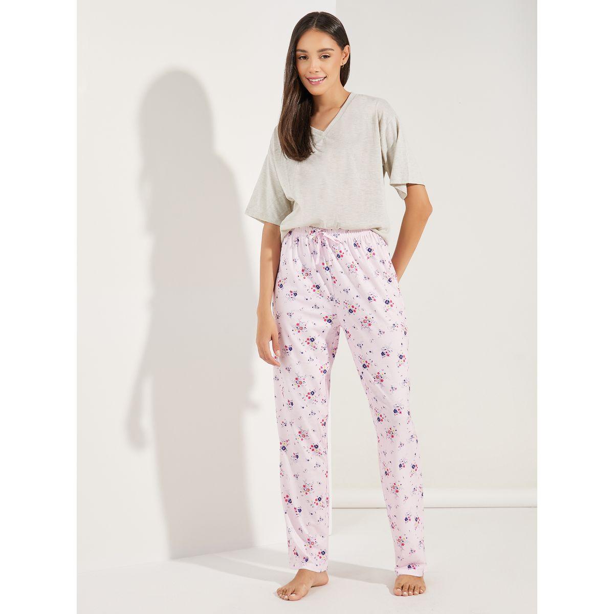 طقم من بنطال بيجاما مع تيشيرت سادة-women-clothing-nightwear-pyjamas-longsets-image-2