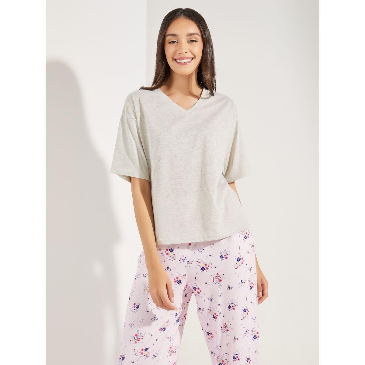 طقم من بنطال بيجاما مع تيشيرت سادة-women-clothing-nightwear-pyjamas-longsets-image-3