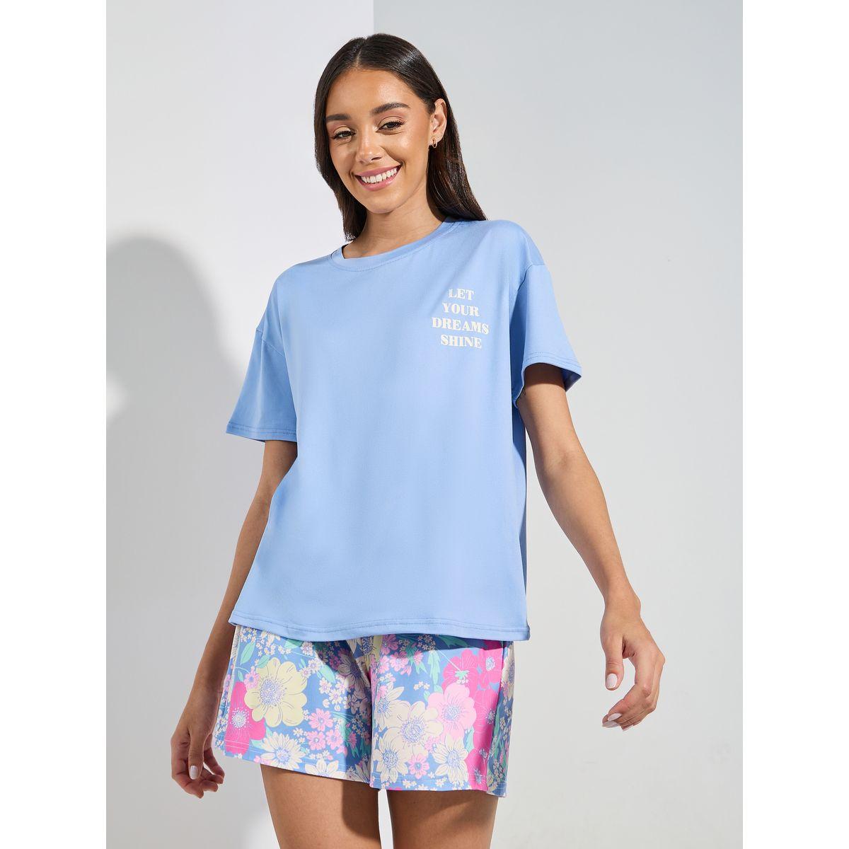 Styli Unwind Drop Shoulder Slogan T-Shirt & Floral Print Shorts Set-women-clothing-nightwear-pyjamas-shortsets-image-1