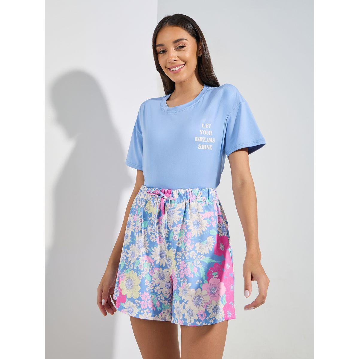 Styli Unwind Drop Shoulder Slogan T-Shirt & Floral Print Shorts Set-women-clothing-nightwear-pyjamas-shortsets-image-5