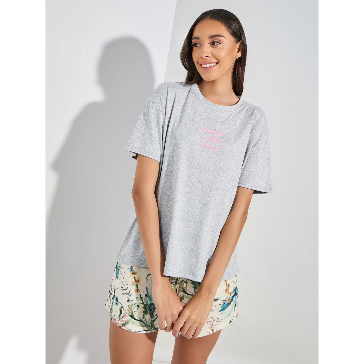 Styli Unwind Drop Shoulder Slogan T-Shirt &  Floral Shorts Set-women-clothing-nightwear-pyjamas-shortsets-image-1
