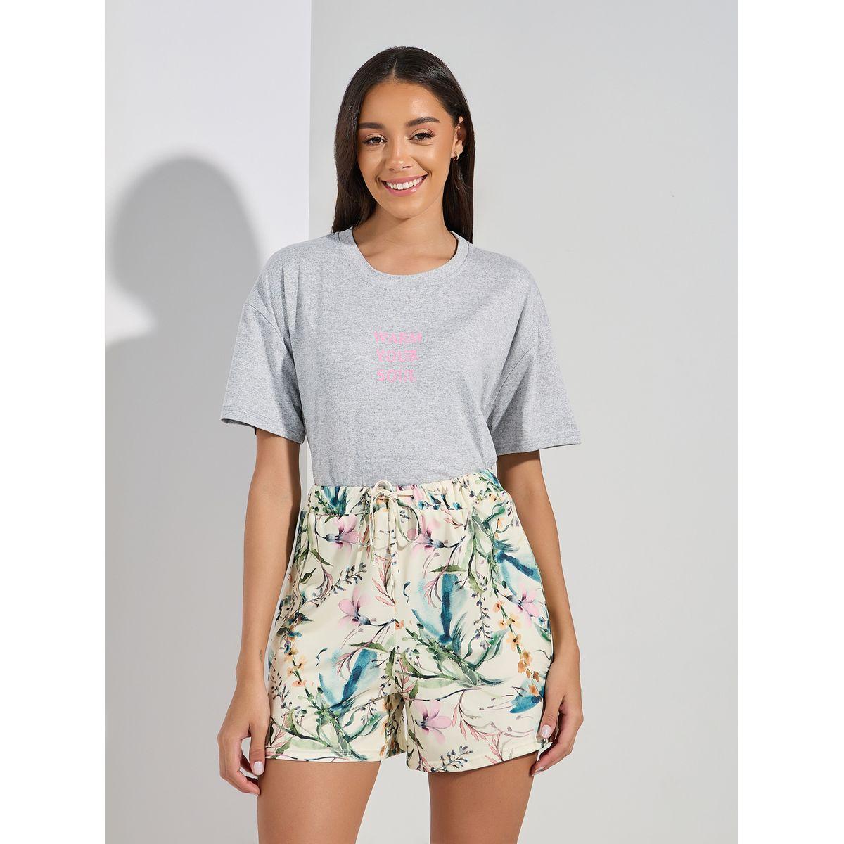 Styli Unwind Drop Shoulder Slogan T-Shirt &  Floral Shorts Set-women-clothing-nightwear-pyjamas-shortsets-image-5