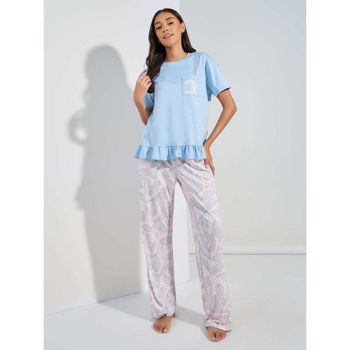 Styli Unwind Leaf Print Pocket Ruffle Hem T-Shirt & Pyjama Set-women-clothing-nightwear-pyjamas-longsets-image-1