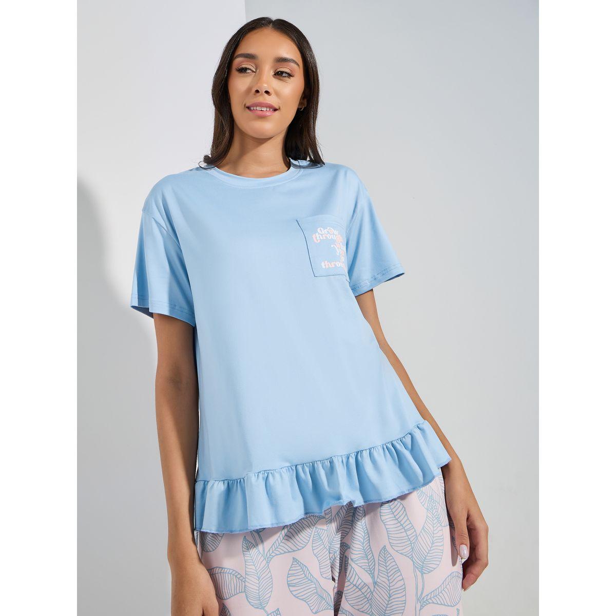 Styli Unwind Leaf Print Pocket Ruffle Hem T-Shirt & Pyjama Set-women-clothing-nightwear-pyjamas-longsets-image-2