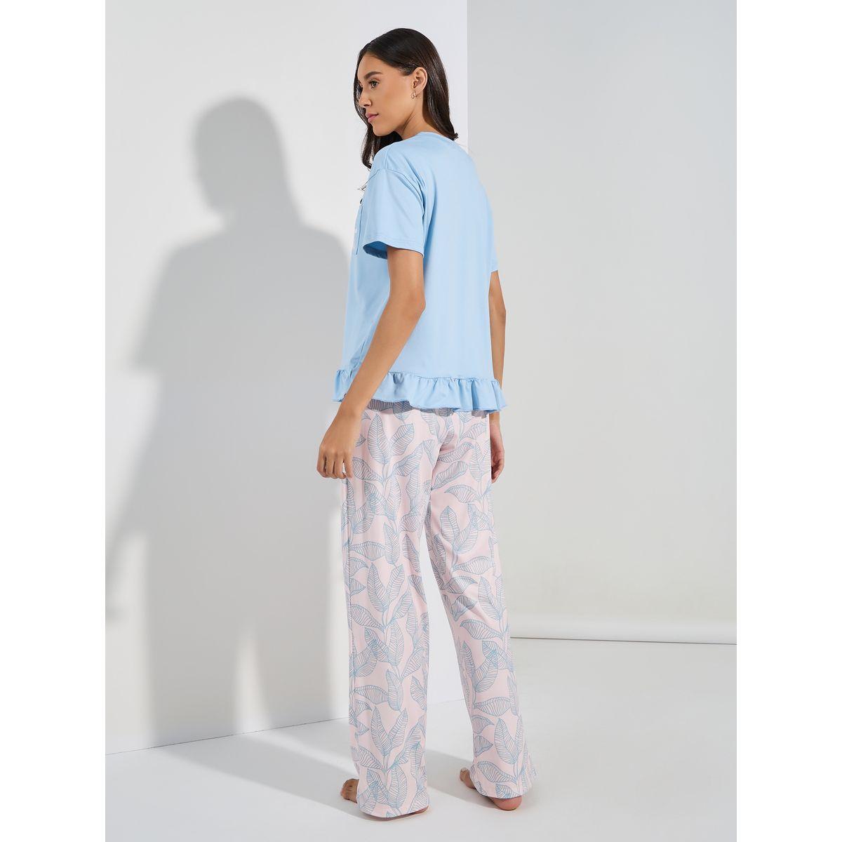 Styli Unwind Leaf Print Pocket Ruffle Hem T-Shirt & Pyjama Set-women-clothing-nightwear-pyjamas-longsets-image-6