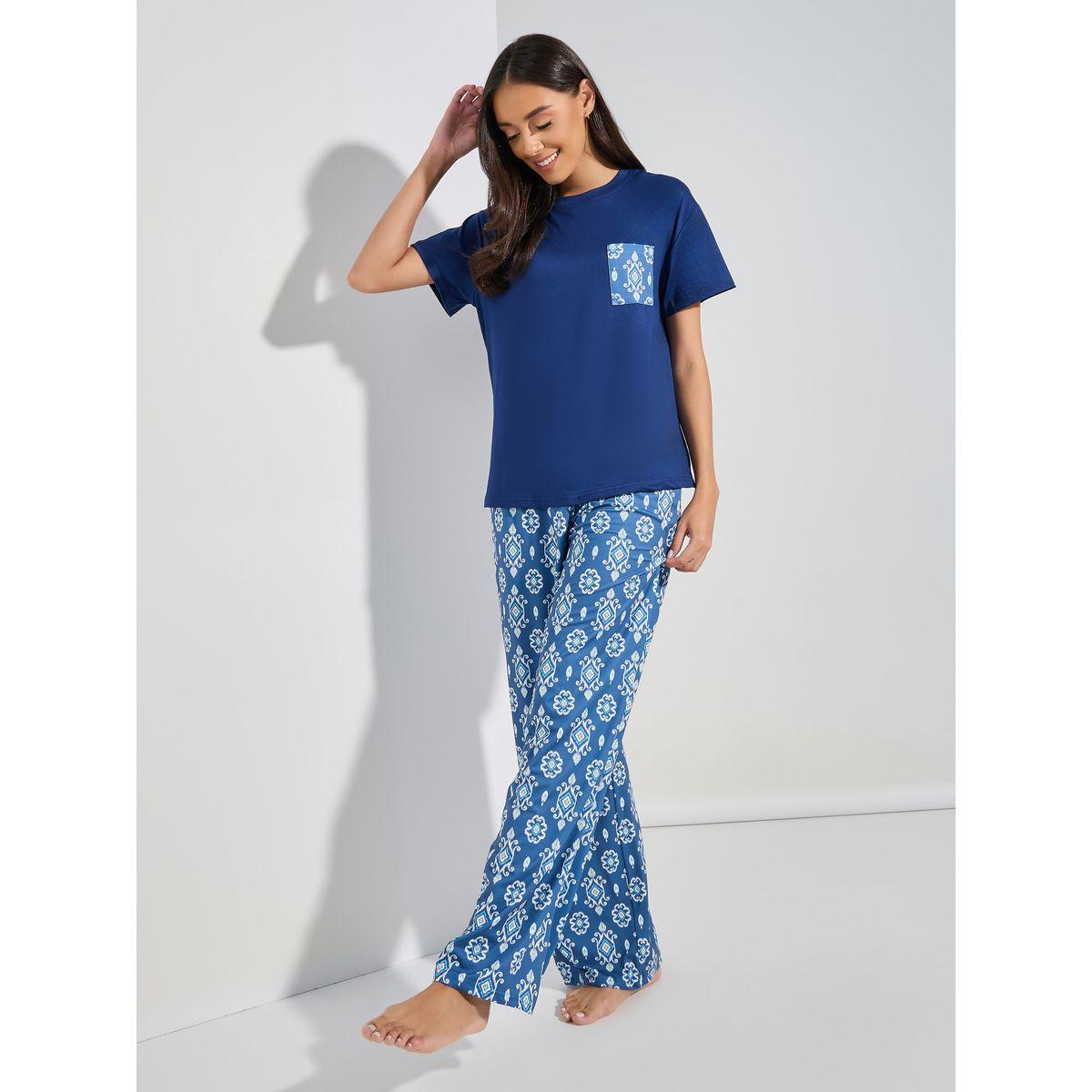 Styli Unwind Ikkat Print Pocket T-Shirt & Pyjama Set-women-clothing-nightwear-pyjamas-longsets-image-2