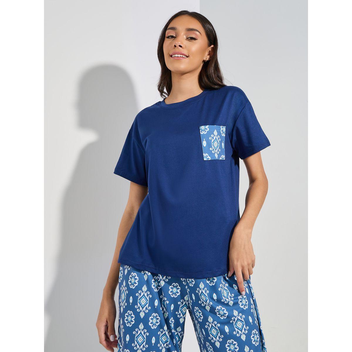 Styli Unwind Ikkat Print Pocket T-Shirt & Pyjama Set-women-clothing-nightwear-pyjamas-longsets-image-3