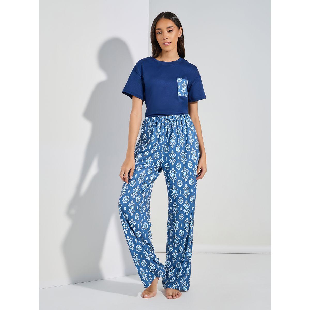 Styli Unwind Ikkat Print Pocket T-Shirt & Pyjama Set-women-clothing-nightwear-pyjamas-longsets-image-6