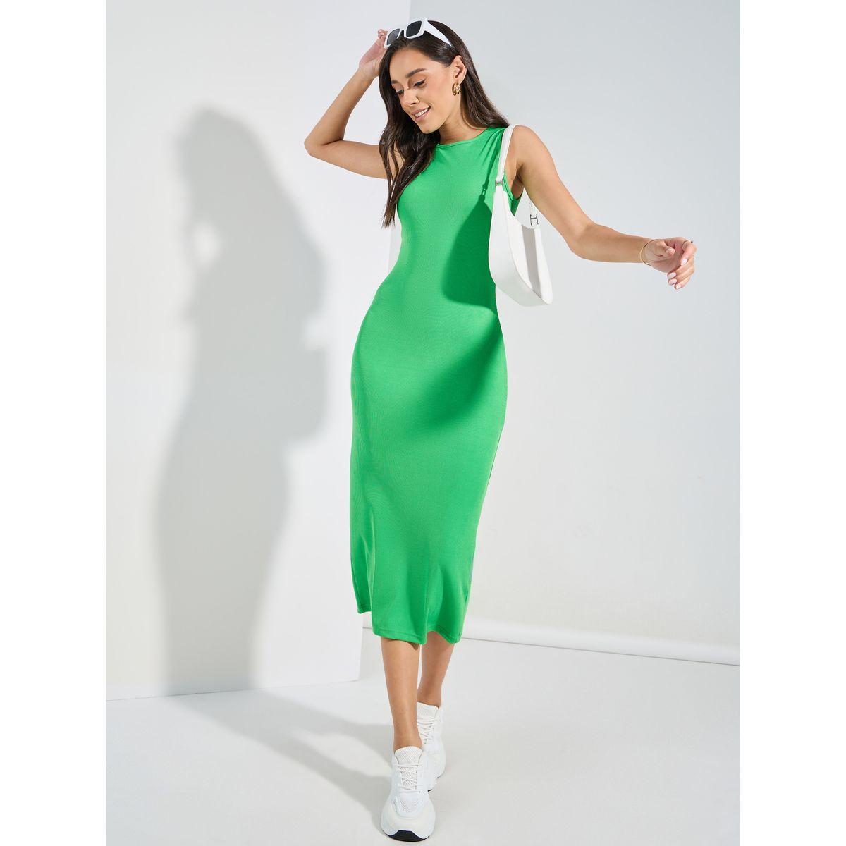 فستان ميدي ضيق بتفاصيل مضلعة بياقة دائرية-women-clothing-dresses-image-1