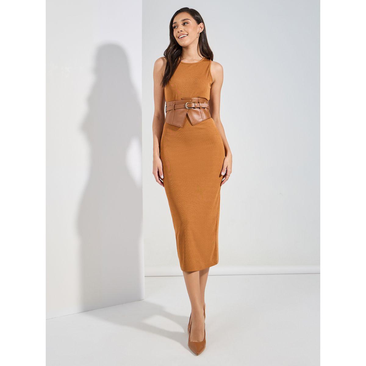 فستان ميدي ضيق بتفاصيل مضلعة بياقة دائرية-women-clothing-dresses-image-1