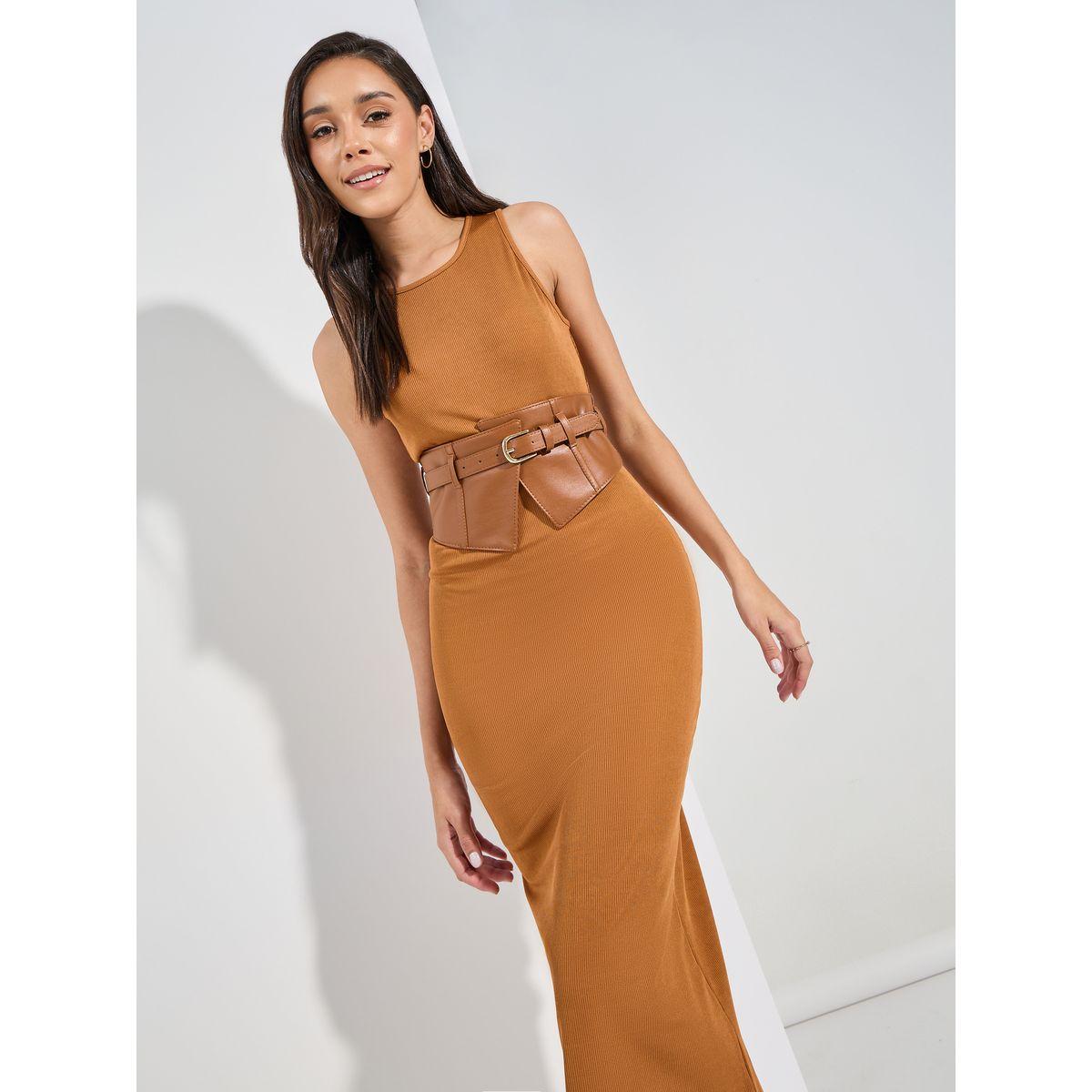 فستان ميدي ضيق بتفاصيل مضلعة بياقة دائرية-women-clothing-dresses-image-2