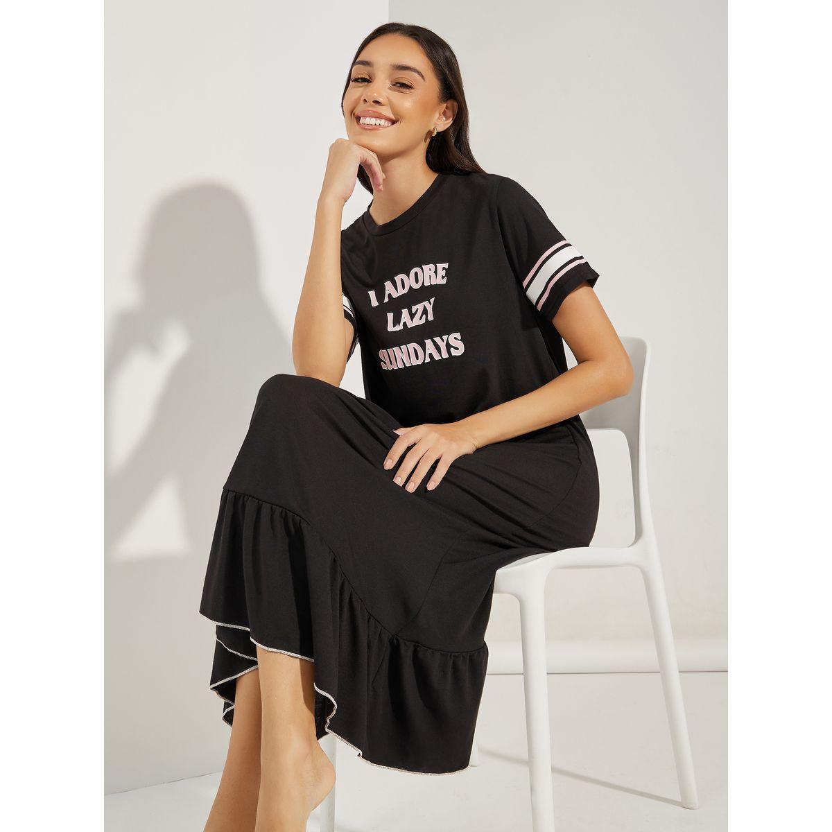Styli Unwind Lazy Sundays Stripe Sleeve Ruffle Hem Sleep T-Shirt Dress-women-clothing-nightwear-nighties-image-1