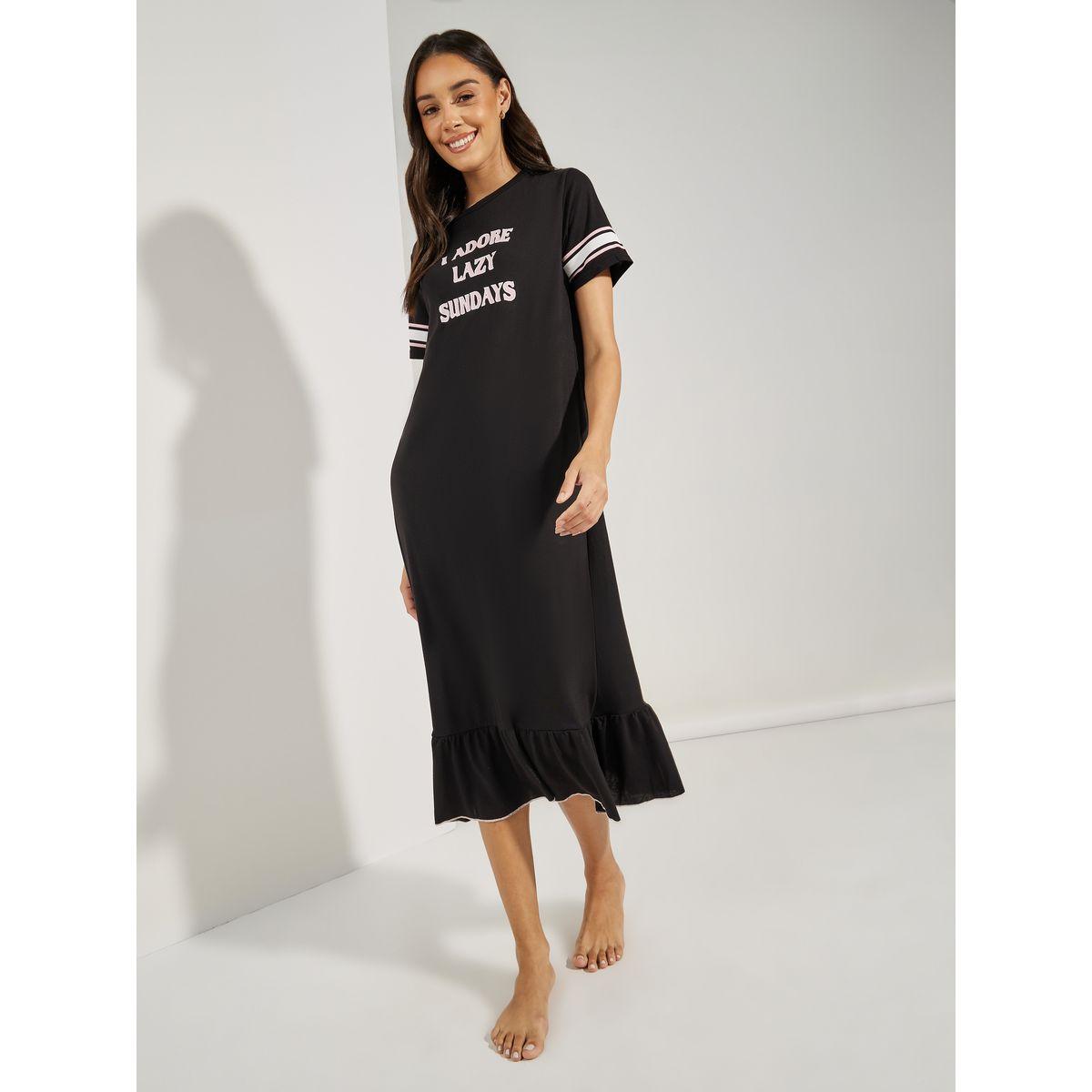 Styli Unwind Lazy Sundays Stripe Sleeve Ruffle Hem Sleep T-Shirt Dress-women-clothing-nightwear-nighties-image-2