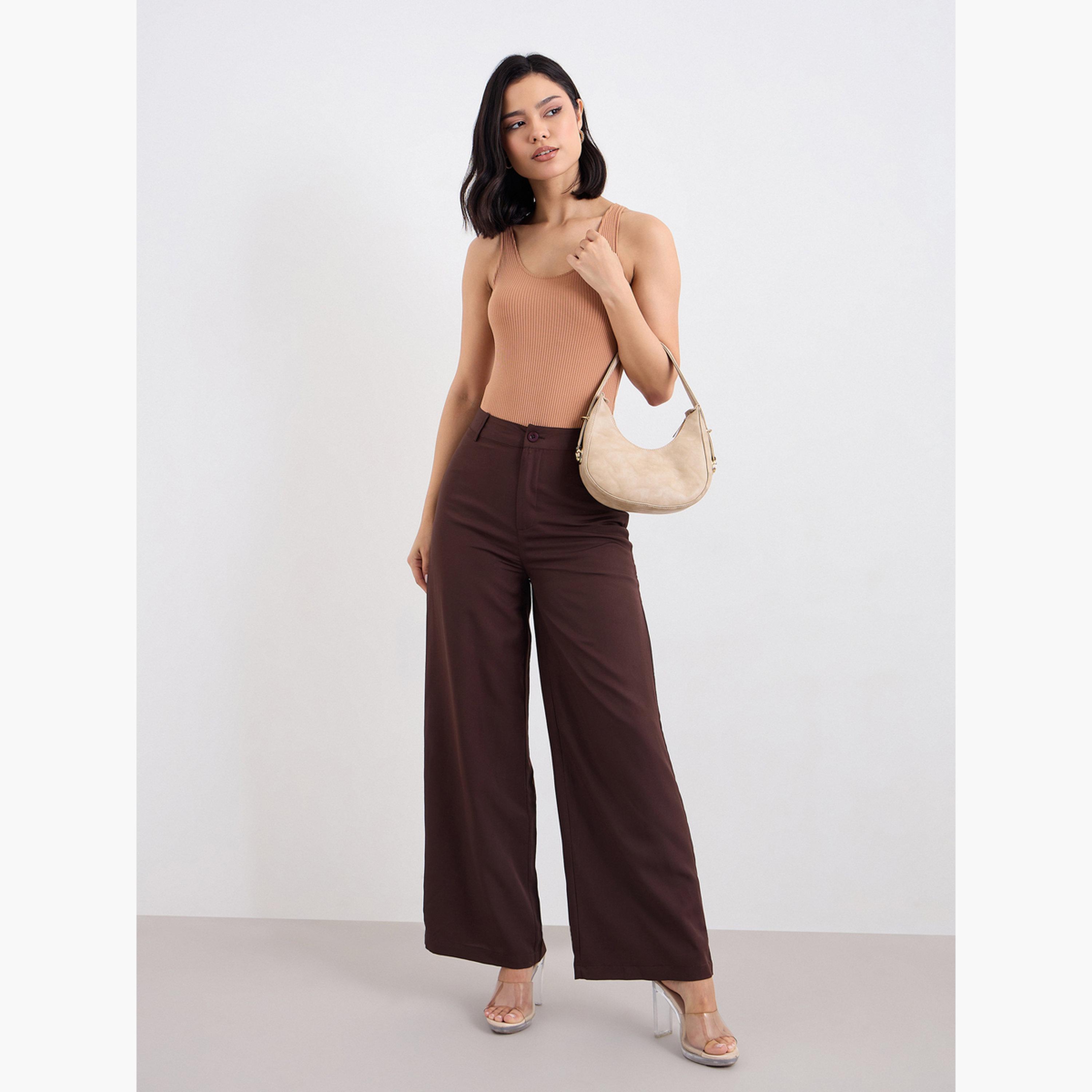 Styli Solid Wide Leg Pants with Belt Loops-women-clothing-bottoms-trousers-image-2