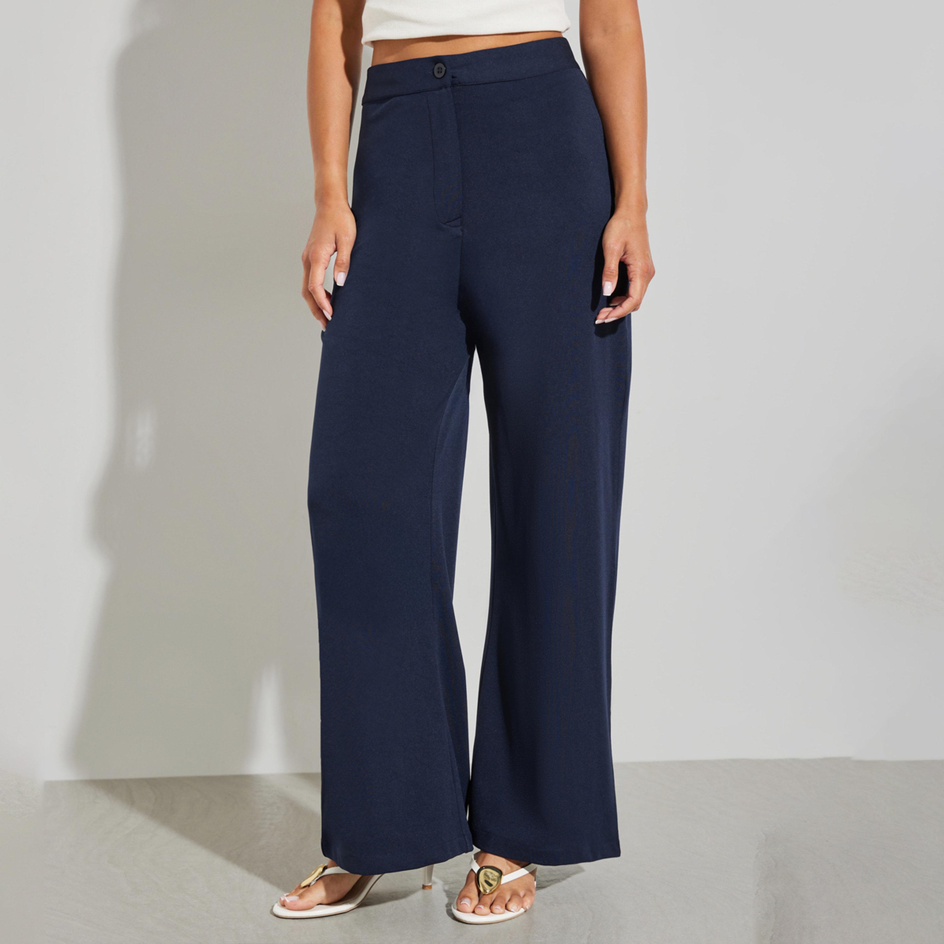 Styli Navy Blue Solid Wide Leg Pants-women-clothing-bottoms-trousers-image-1
