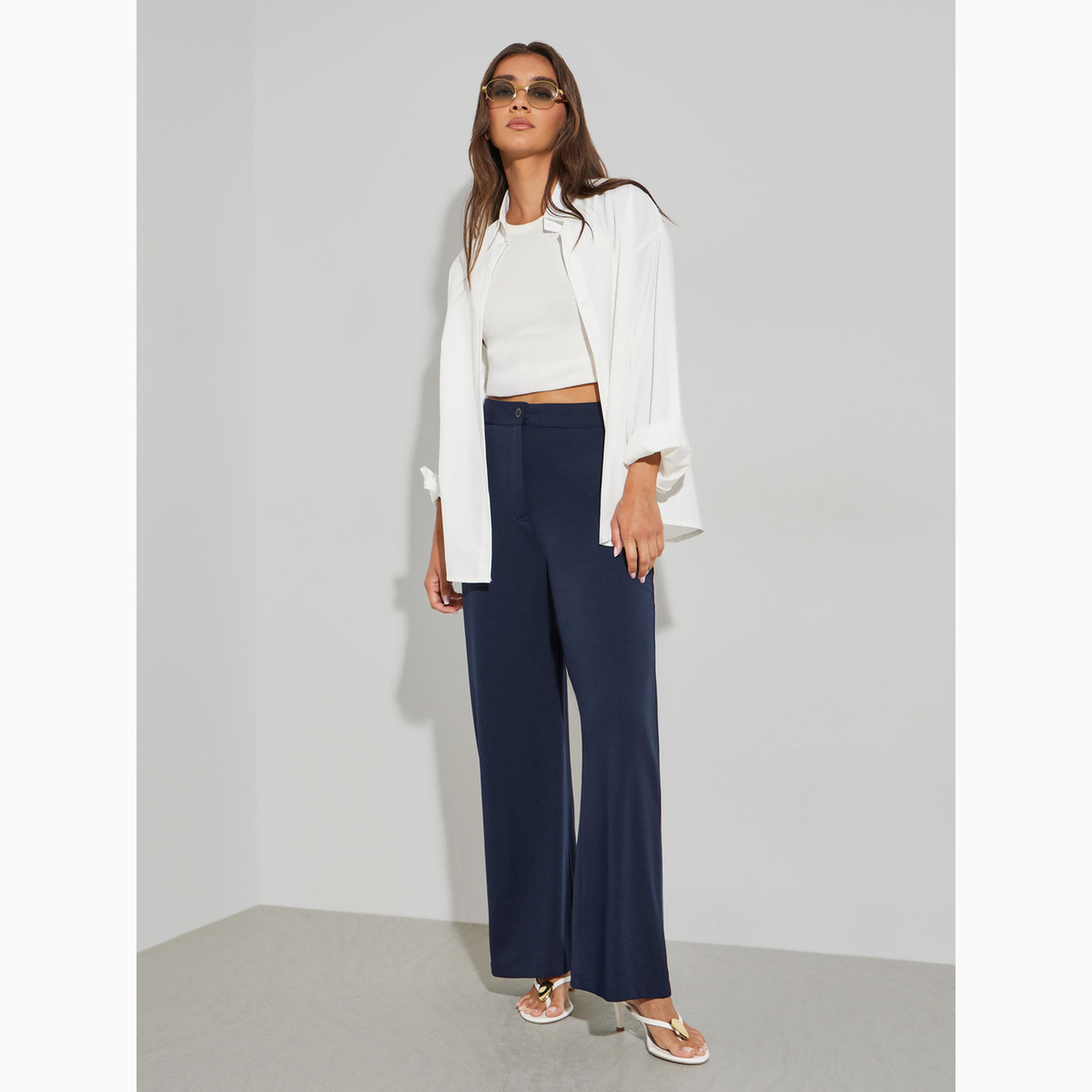 Styli Navy Blue Solid Wide Leg Pants-women-clothing-bottoms-trousers-image-2