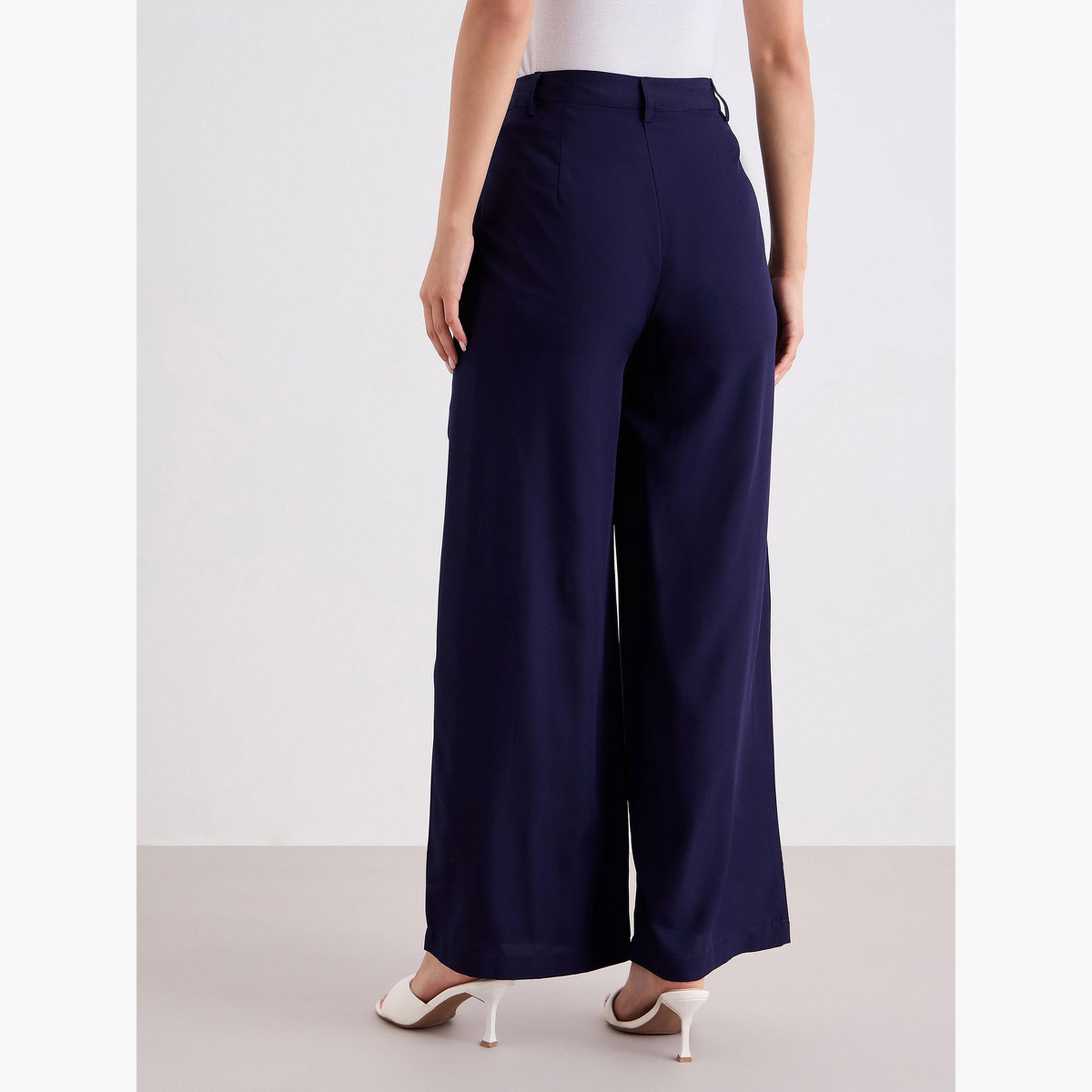 Styli Solid Wide Leg Pants with Belt Loops-women-clothing-bottoms-trousers-image-4