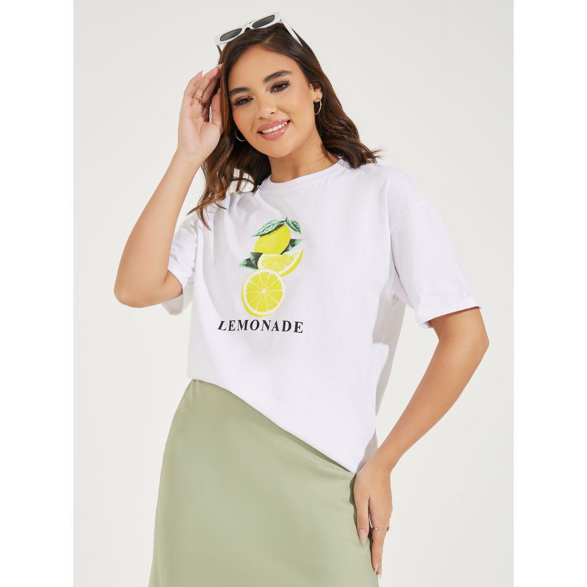 تيشيرت فضفاض بطبعة جرافيك واكمام بطية-women-clothing-tshirts-image-1