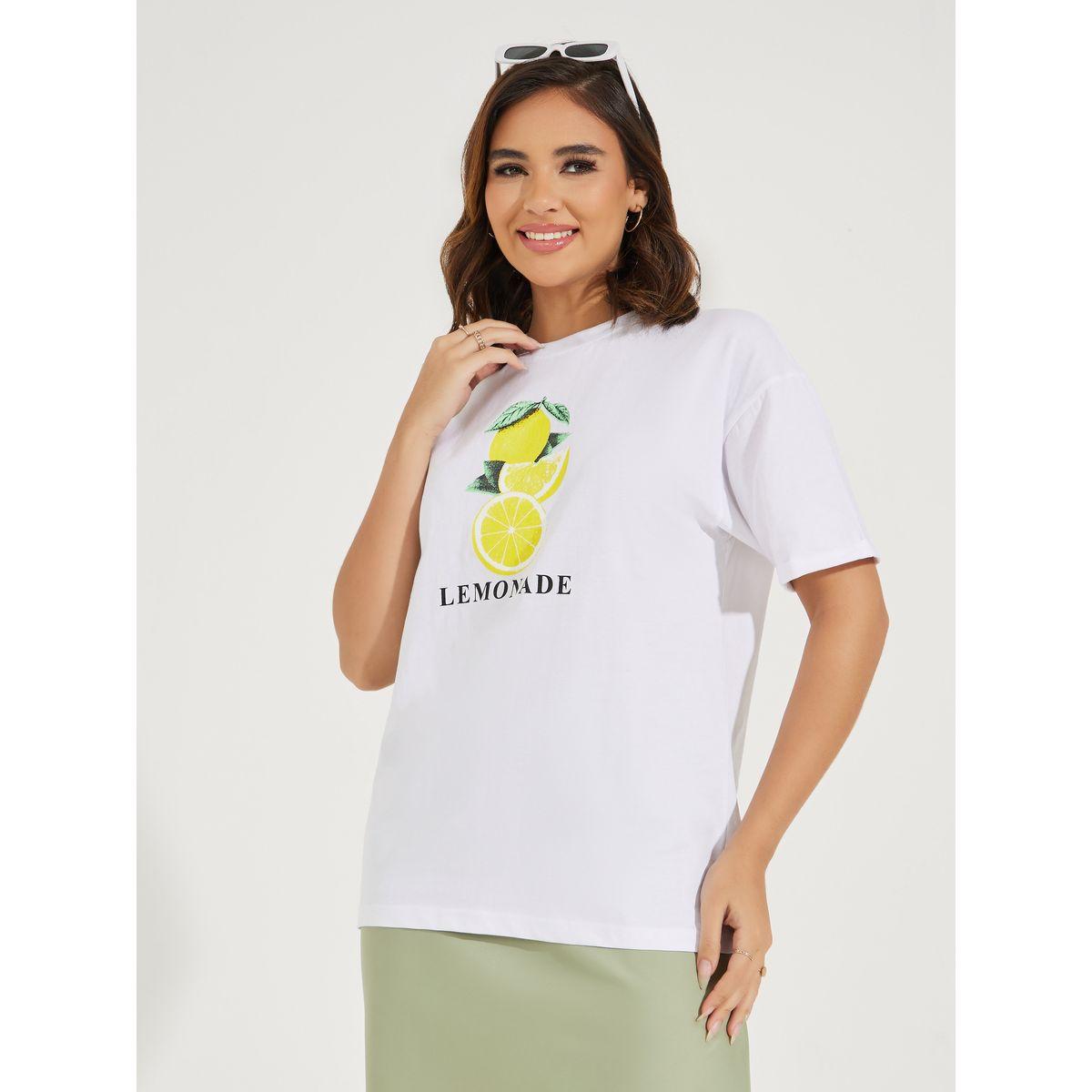 تيشيرت فضفاض بطبعة جرافيك واكمام بطية-women-clothing-tshirts-image-2
