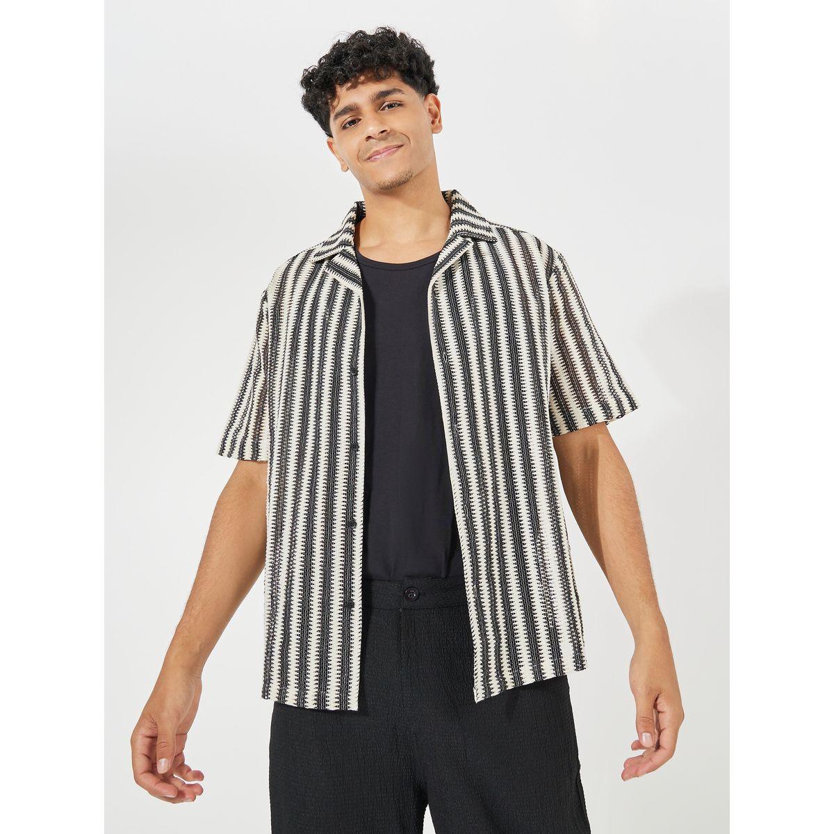 Styli Jacquard Stripe Pattern Resort Collar Relaxed Shirt-men-clothing-shirts-image-1