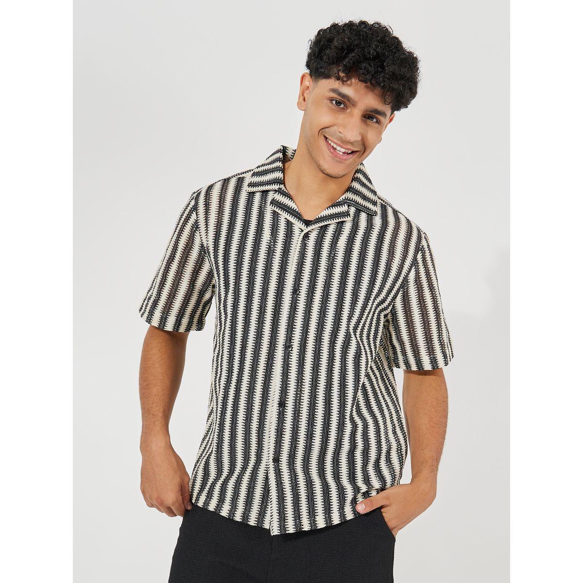 Styli Jacquard Stripe Pattern Resort Collar Relaxed Shirt-men-clothing-shirts-image-3