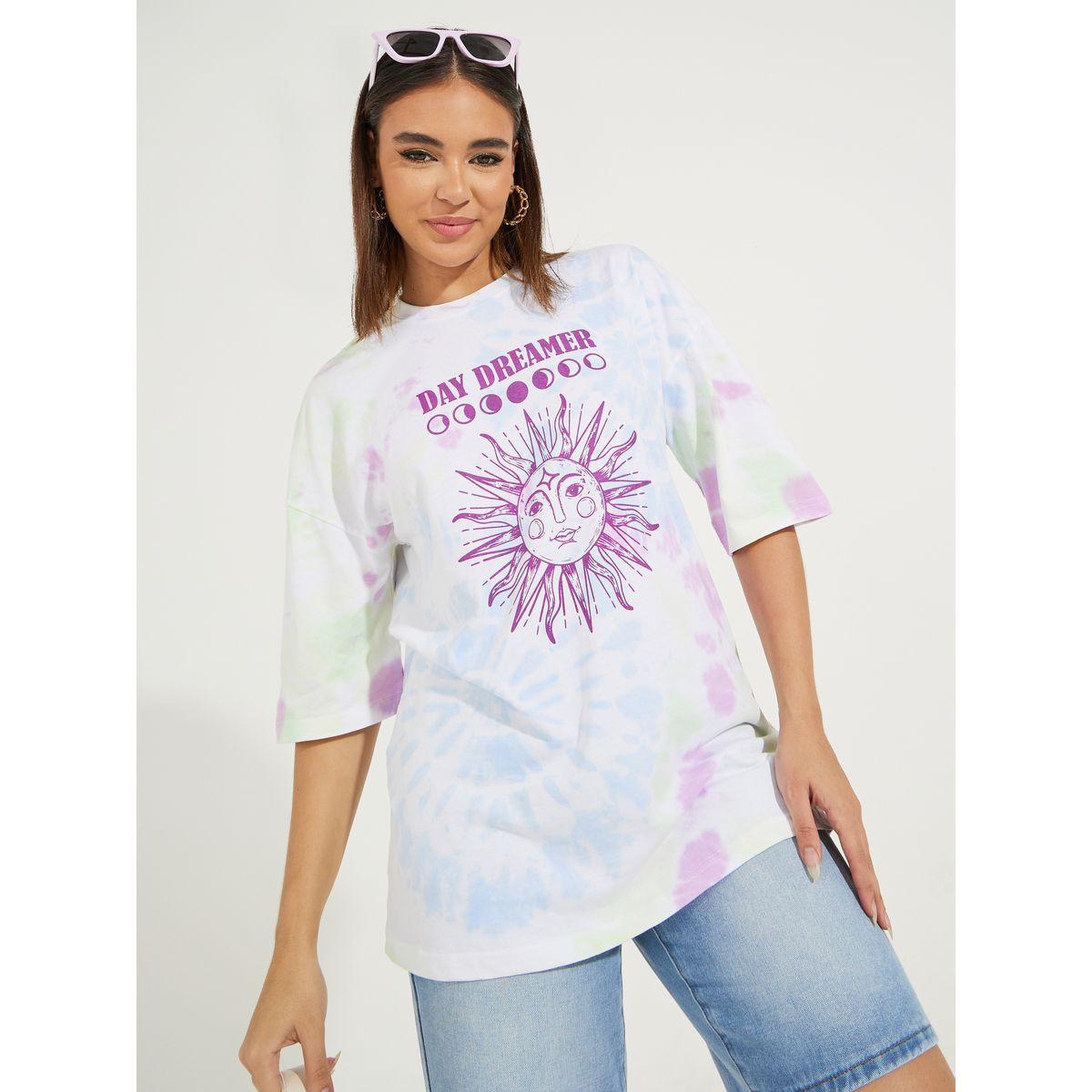 Styli Oversized Tie Dye Graphic Print T-Shirt with Dropped Shoulder-women-clothing-tshirts-image-1