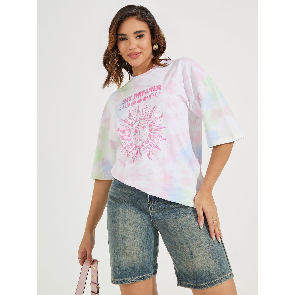 Styli Oversized Tie Dye Graphic Print T-Shirt with Dropped Shoulder-women-clothing-tshirts-image-1