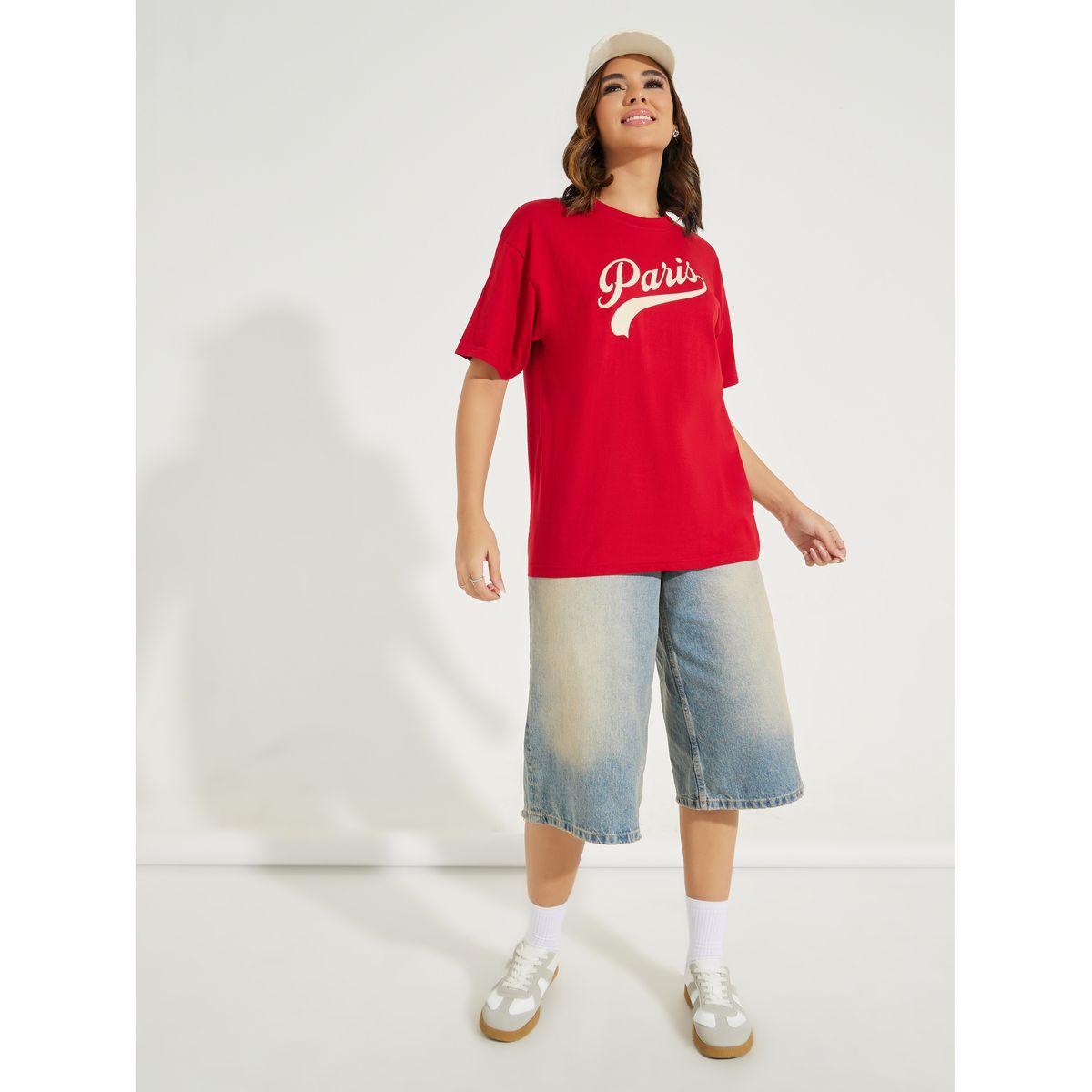 تيشيرت فضفاض بطبعة كتابة مع اكتاف منخفضة-women-clothing-tshirts-image-3