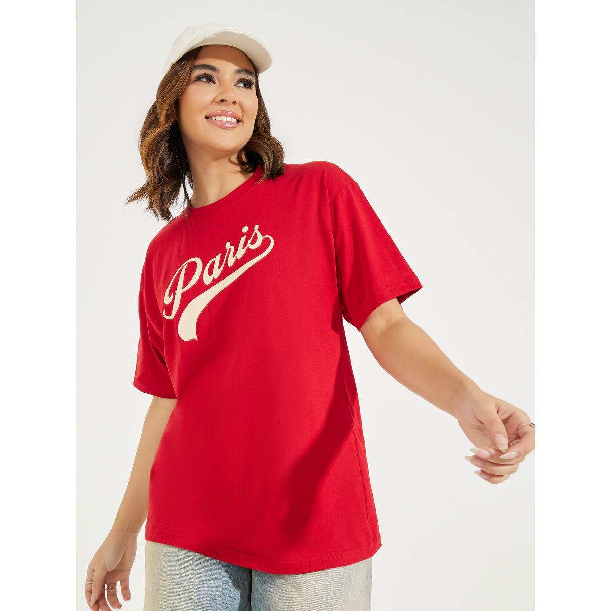 تيشيرت فضفاض بطبعة كتابة مع اكتاف منخفضة-women-clothing-tshirts-image-4