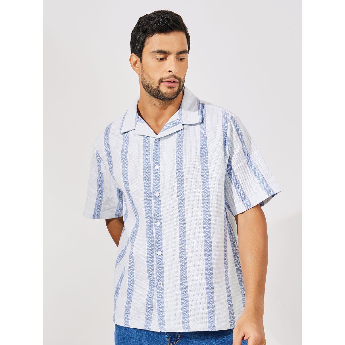 Styli Striped Cotton Dobby Resort Collar Relaxed Fit Shirt-men-clothing-shirts-image-1