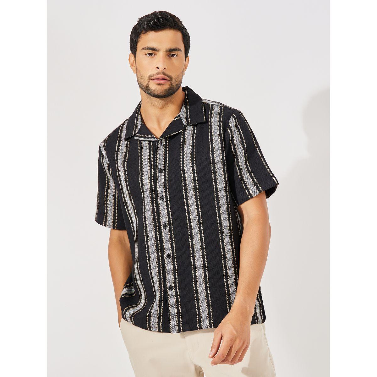 Styli Striped Cotton Dobby Resort Collar Relaxed Fit Shirt-men-clothing-shirts-image-1
