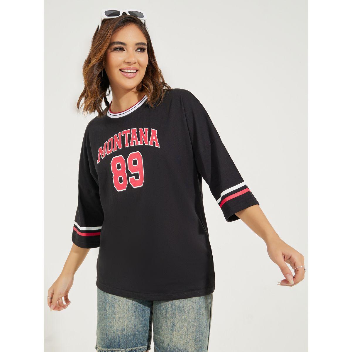 Styli Oversized Montana Slogan T-Shirt with Exaggerated Sleeves-women-clothing-tshirts-image-2