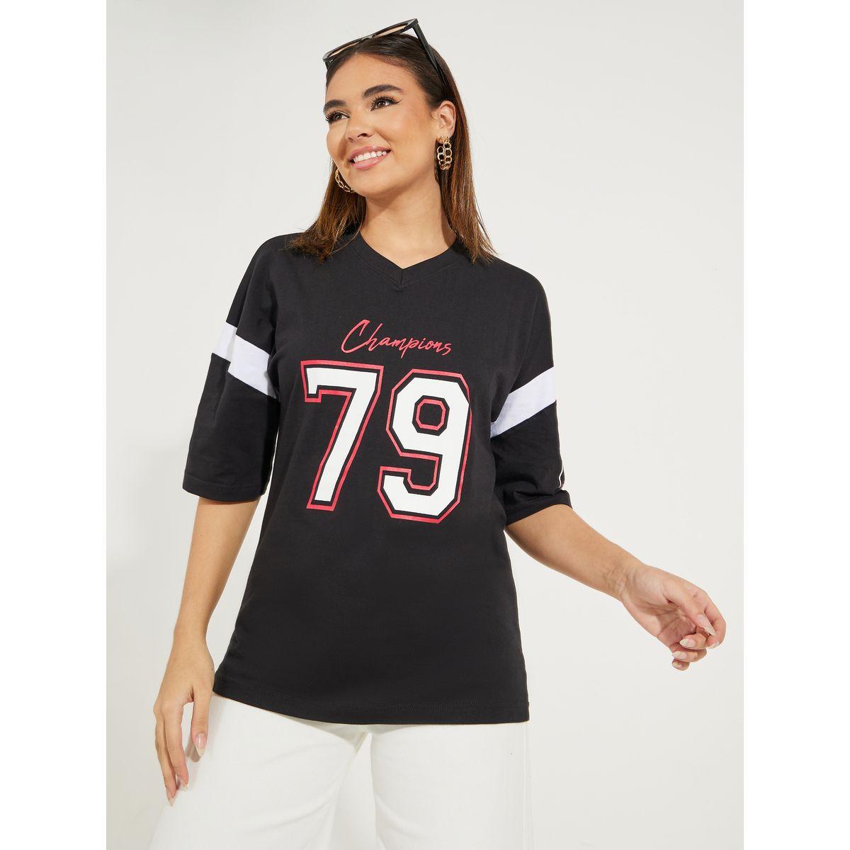 Styli Oversized Slogan Print V Neck T-Shirt with Exaggerated Sleeve-women-clothing-tshirts-image-1