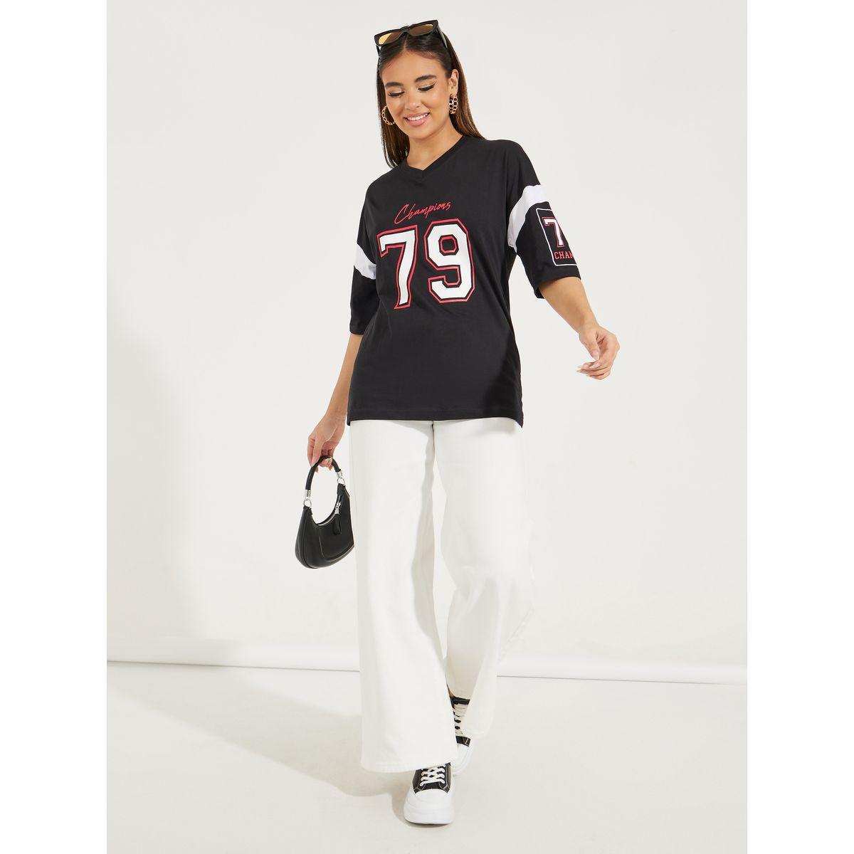 تيشيرت فضفاض مطبع بكتابة مع اكمام مبالغ فيها-women-clothing-tshirts-image-2