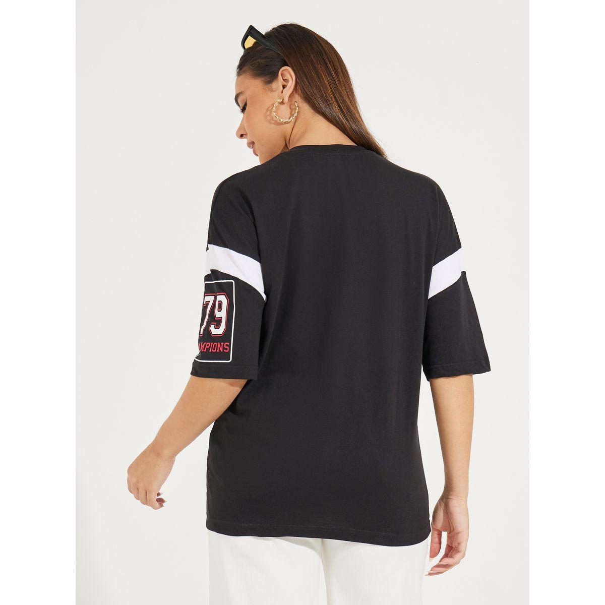 Styli Oversized Slogan Print V Neck T-Shirt with Exaggerated Sleeve-women-clothing-tshirts-image-5