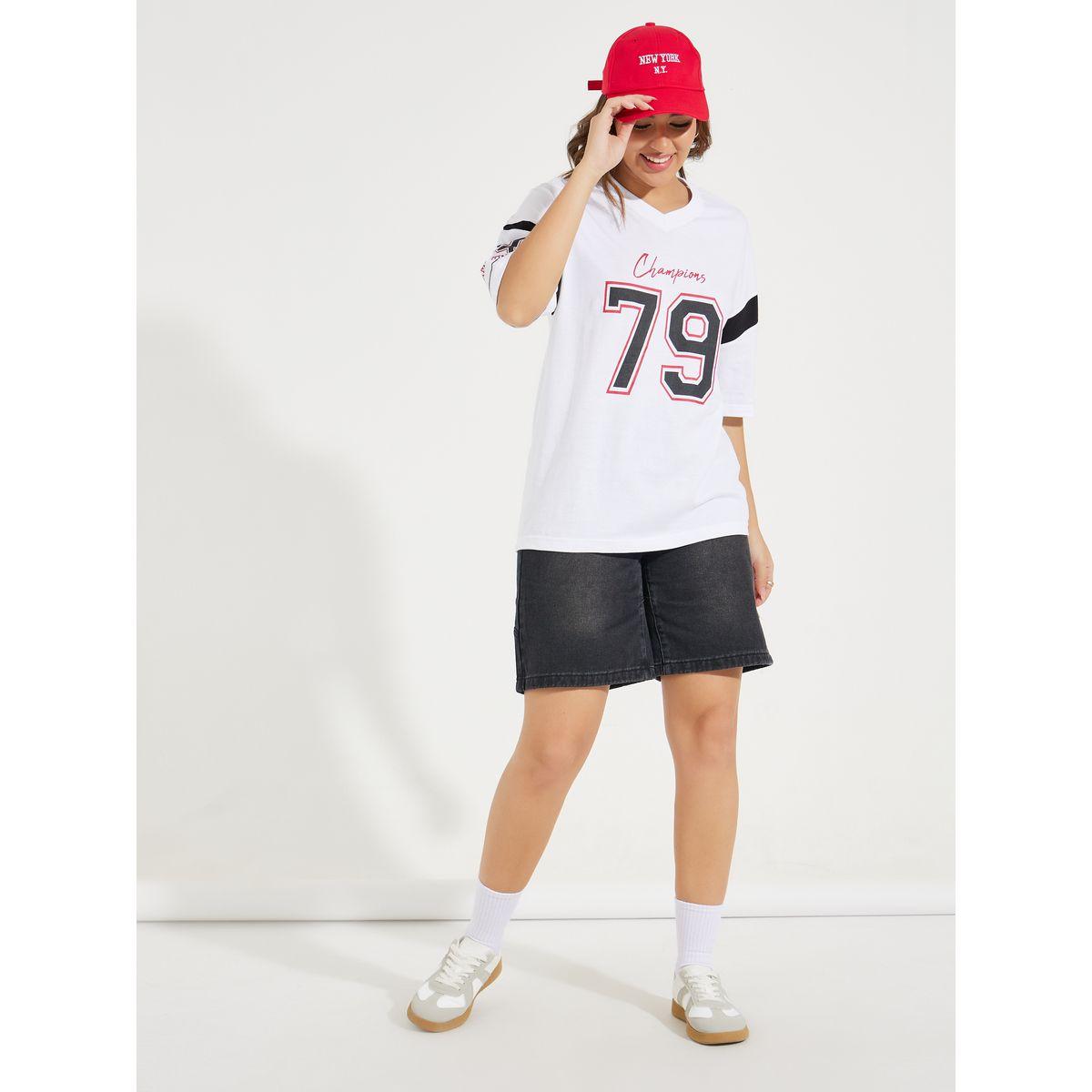 Styli Oversized Slogan Print V Neck T-Shirt with Exaggerated Sleeve-women-clothing-tshirts-image-2