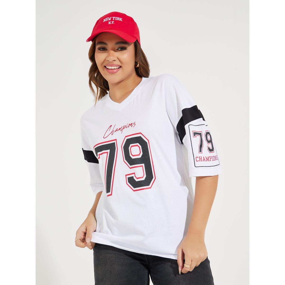 Styli Oversized Slogan Print V Neck T-Shirt with Exaggerated Sleeve-women-clothing-tshirts-image-3