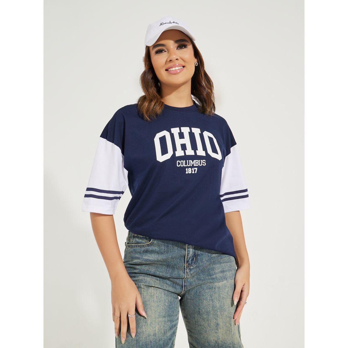Styli Oversized Color Block Ohio Slogan T-Shirt with Dropped Shoulder-women-clothing-tshirts-image-1