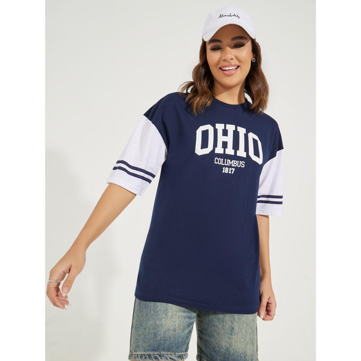 Styli Oversized Color Block Ohio Slogan T-Shirt with Dropped Shoulder-women-clothing-tshirts-image-2