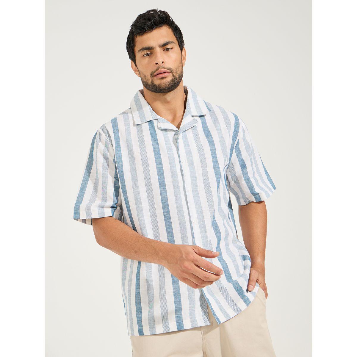 Styli Yarn Dyed Stripe Resort Collar Relaxed Fit Shirt-men-clothing-shirts-image-1