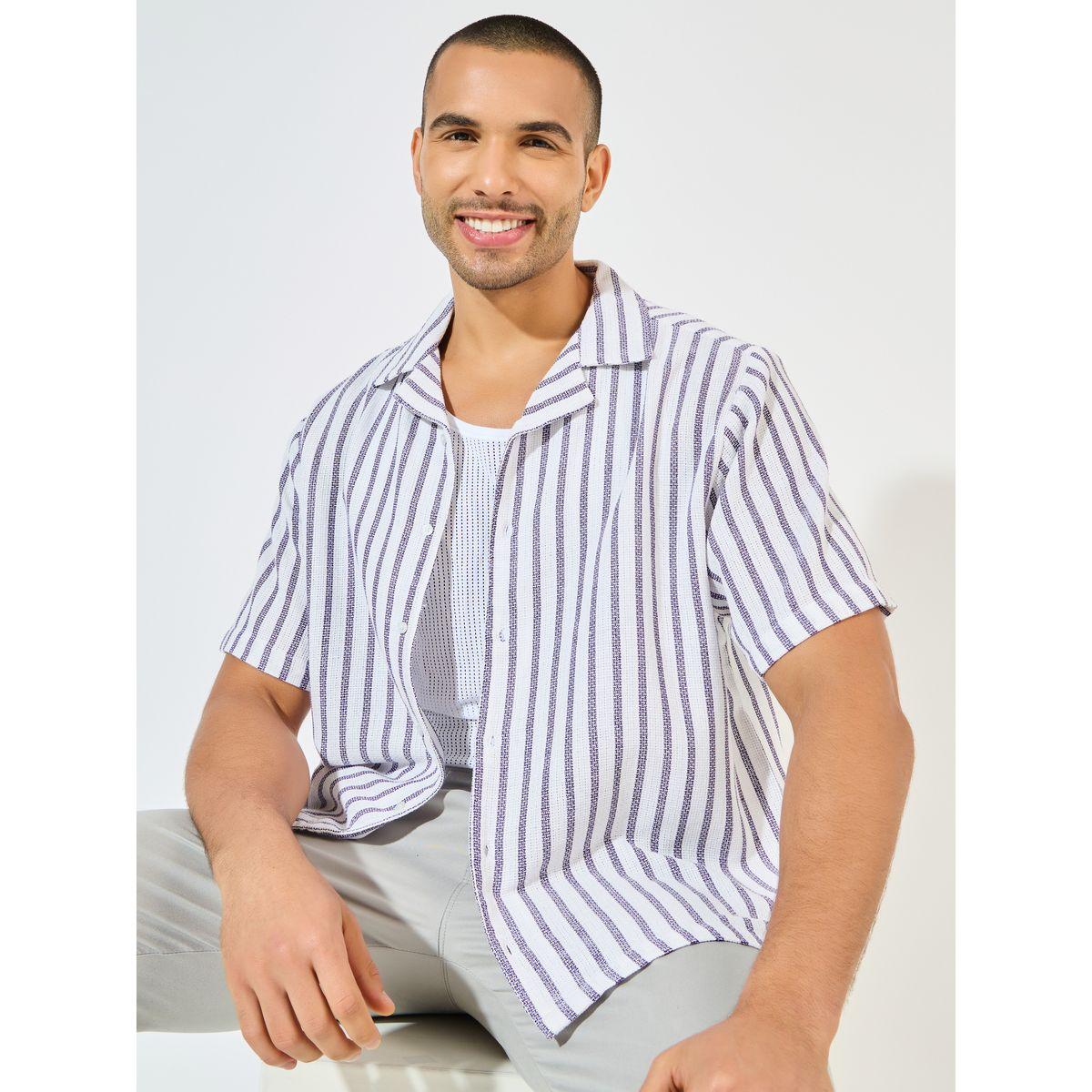 Styli Yarn Dyed Stripe Resort Collar Relaxed Fit Shirt-men-clothing-shirts-image-1
