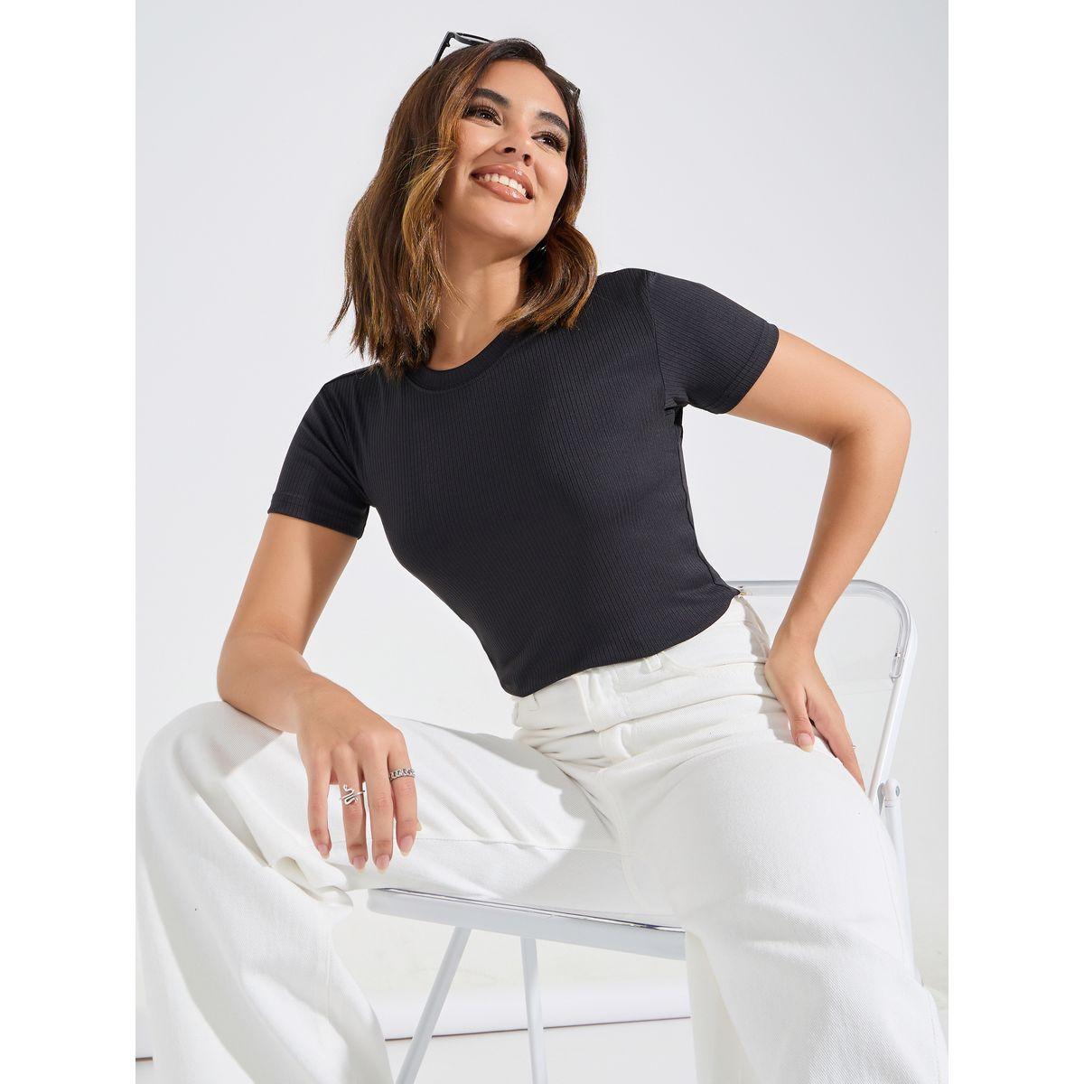 Styli Ribbed Fitted Round Neck Plain T-Shirt-women-clothing-tshirts-image-1